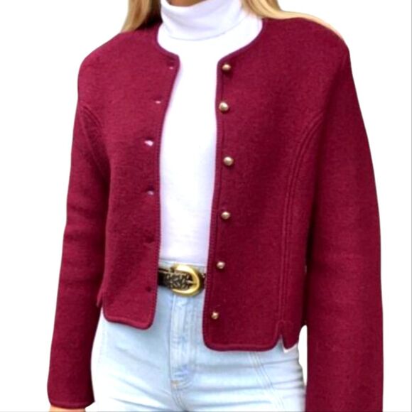 Vintage 60s Tally Ho Wool Jacket Preppy Cottagecore Cardigan Sweater Burgundy 14 - Picture 1 of 15